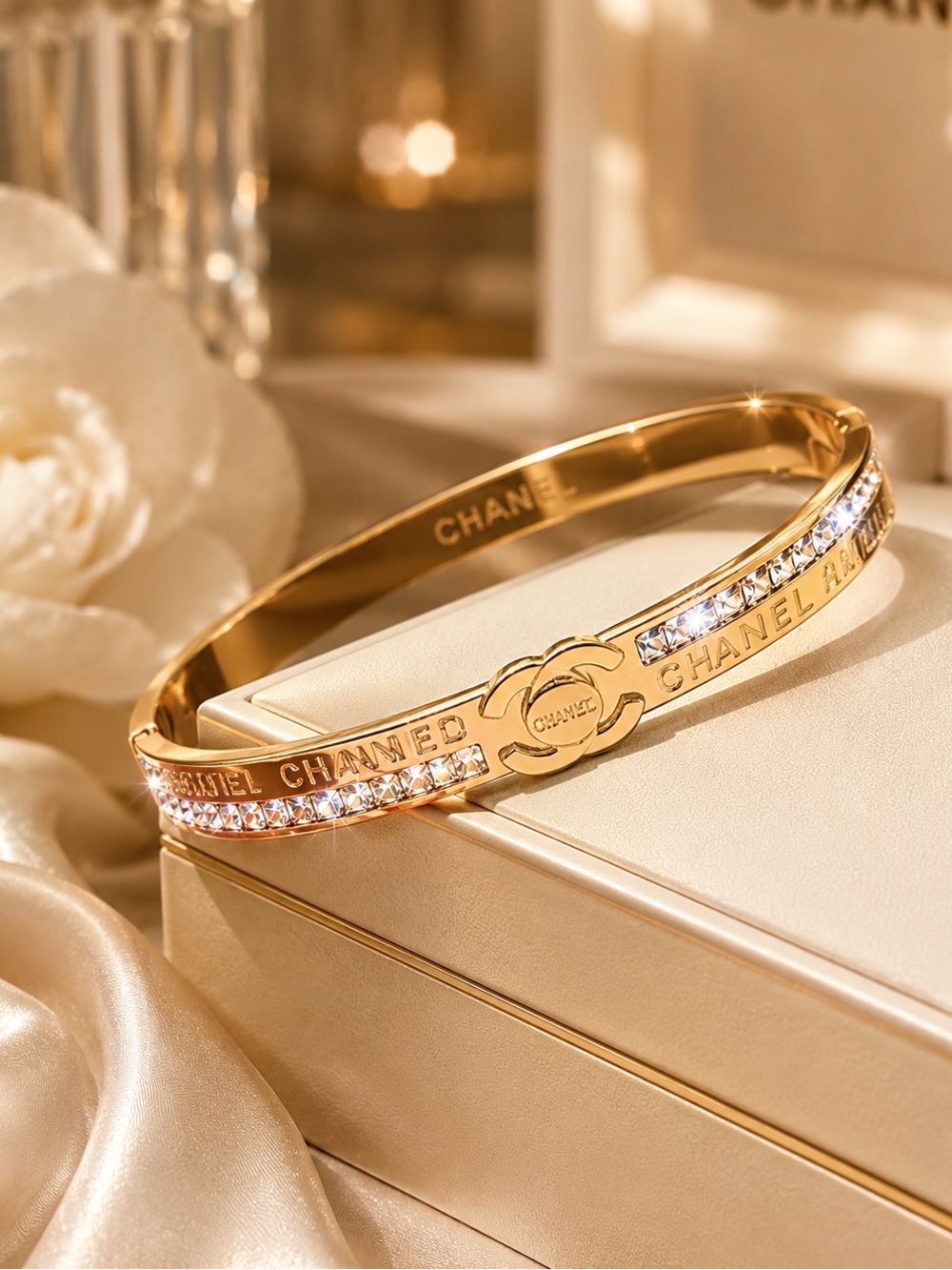 Gold Crystal CC Logo Hinged Bangle Bracelet - Picture 3 of 9